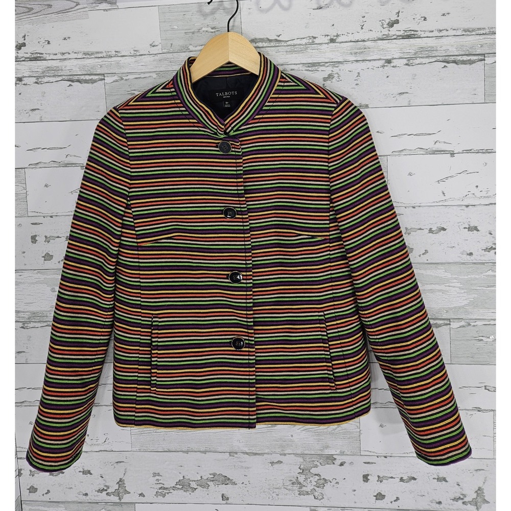 Talbots Petites Multi Color Striped Button Front Blazer Jacket 6P Mandarin